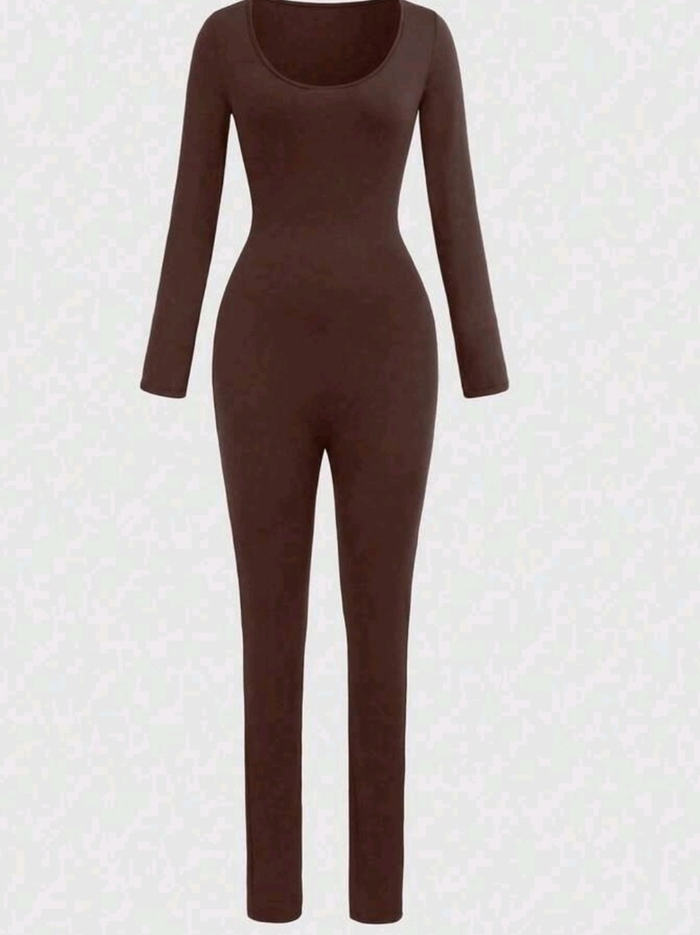 Brown Long-Sleeve Scoop Neck Jumpsuit